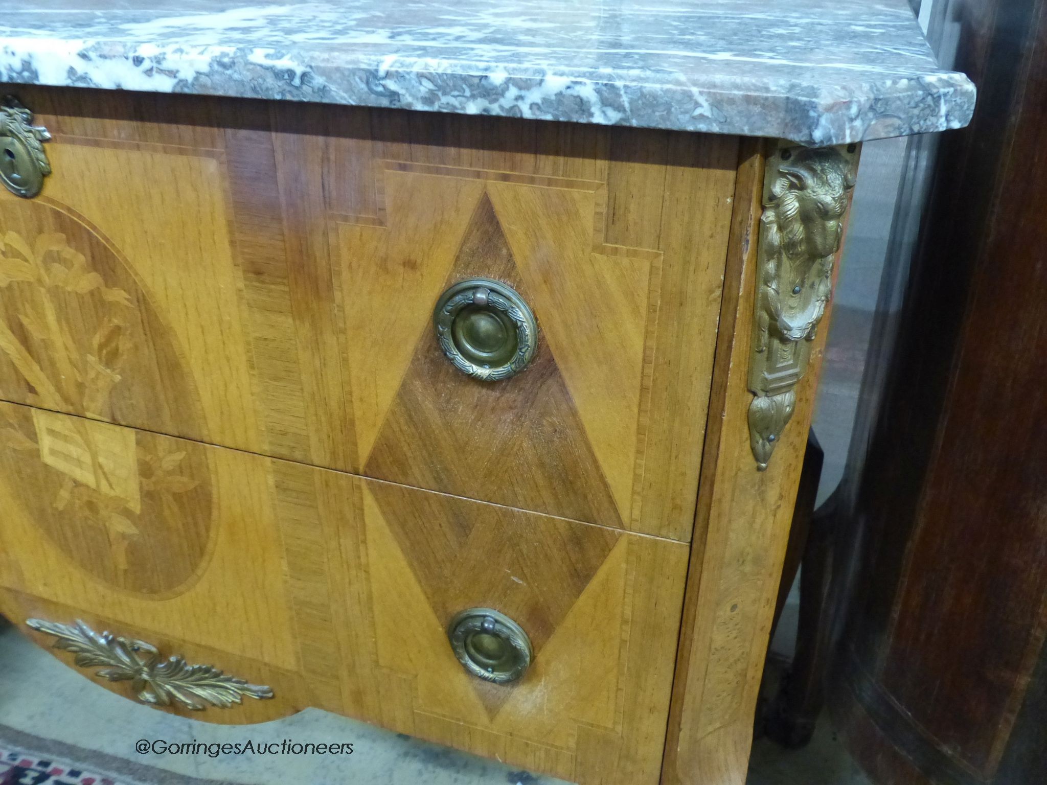 A French Louis XVI style marquetry inlaid marble topped commode, width 84cm, depth 47cm, height 78cm